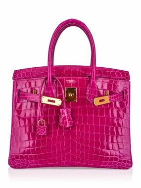 H Birkin Style Patent Croc-Embossed Satchel in Vibrant Rose Mexico